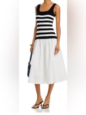 Aqua Black & White Mixed Media Striped Top with White Midi Skirt